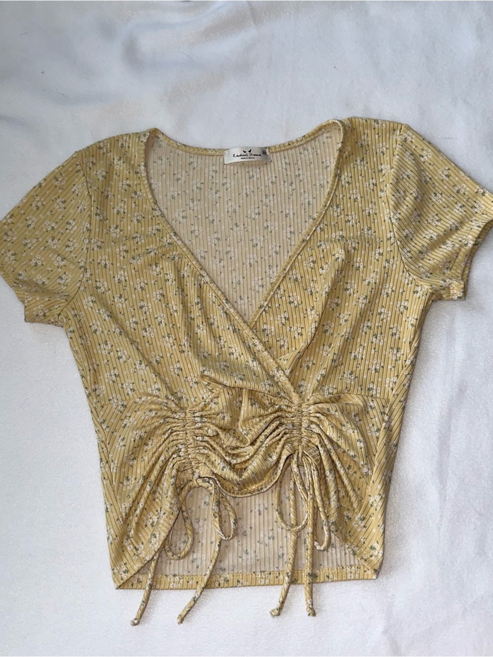 Yellow Floral Ruched Drawstring Crop Top